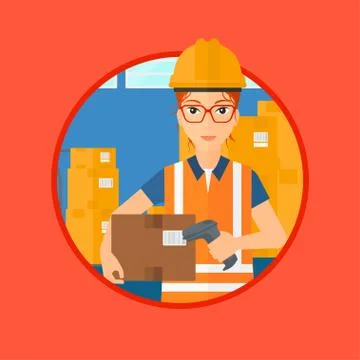 Warehouse worker scanning barcode on box Stock Illustration