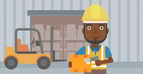 Warehouse worker scanning barcode on box Stock Illustration