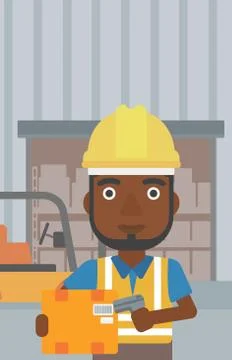 Warehouse worker scanning barcode on box Stock Illustration