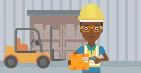 Warehouse worker scanning barcode on box Stock Illustration