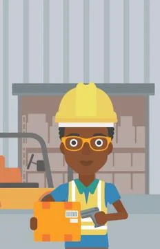 Warehouse worker scanning barcode on box Stock Illustration