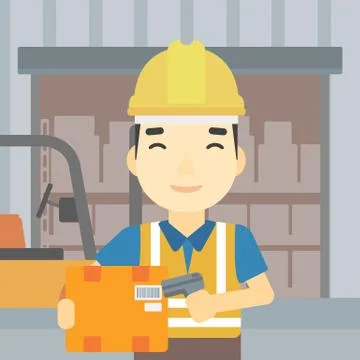 Warehouse worker scanning barcode on box Stock Illustration
