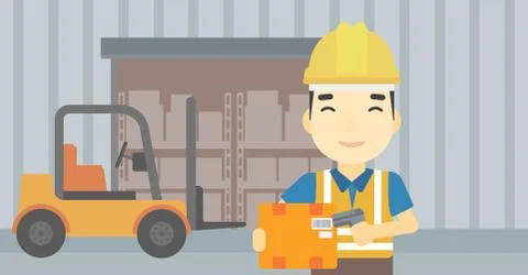 Warehouse worker scanning barcode on box 库存插图