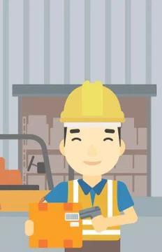 Warehouse worker scanning barcode on box Stock Illustration