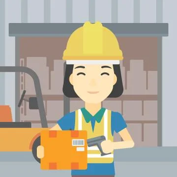 Warehouse worker scanning barcode on box Stock Illustration