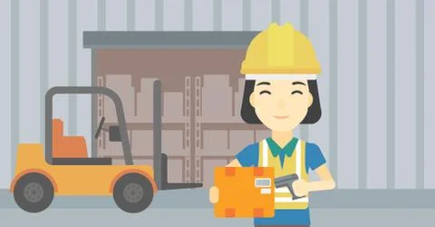 Warehouse worker scanning barcode on box 库存插图