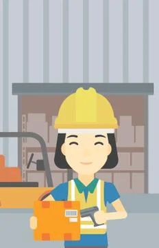Warehouse worker scanning barcode on box Stock Illustration