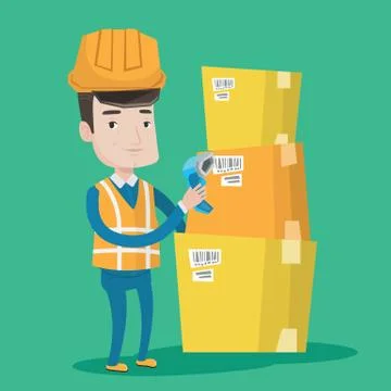Warehouse worker scanning barcode on box Stockillustratie