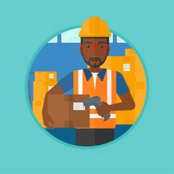 Warehouse worker scanning barcode on box Stock Illustration