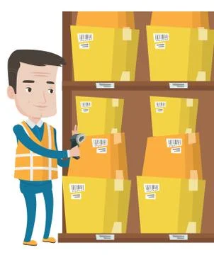 Warehouse worker scanning barcode on box 스톡 일러스트