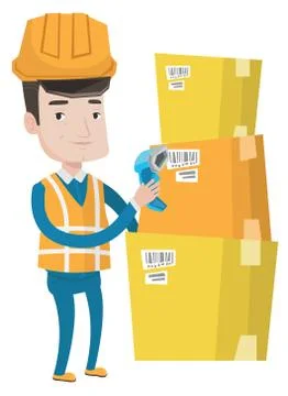 Warehouse worker scanning barcode on box Stock-Illustration