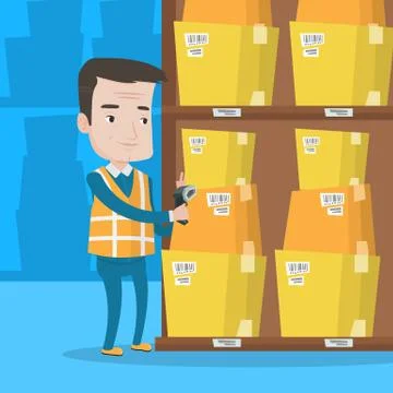 Warehouse worker scanning barcode on box Stock Illustration