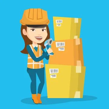 Warehouse worker scanning barcode on box Stock Illustration