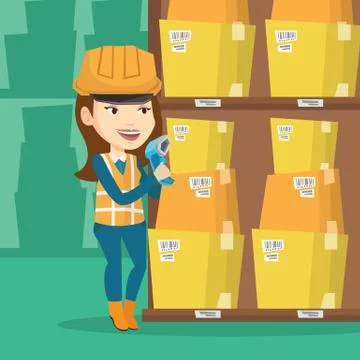 Warehouse worker scanning barcode on box Stock Illustration