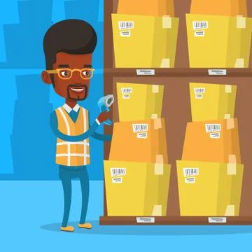 Warehouse worker scanning barcode on box Stock Illustration