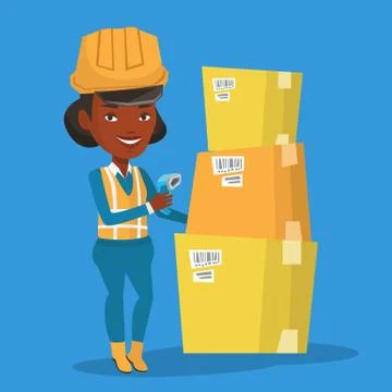 Warehouse worker scanning barcode on box イラスト素材