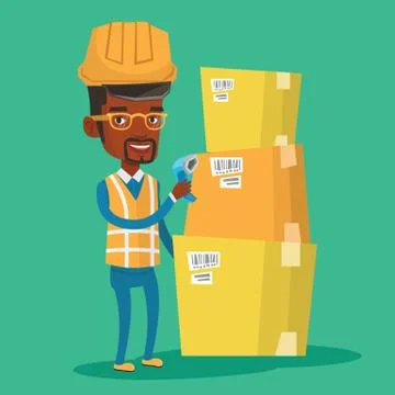 Warehouse worker scanning barcode on box Stock Illustration