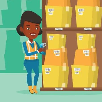 Warehouse worker scanning barcode on box Stock Illustration