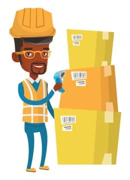 Warehouse worker scanning barcode on box 库存插图