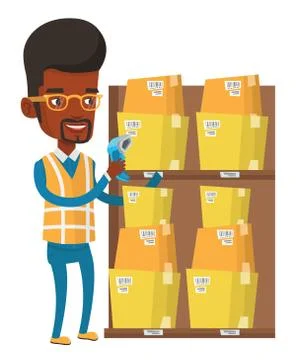 Warehouse worker scanning barcode on box 库存插图