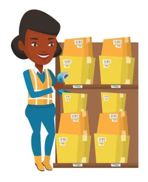 Warehouse worker scanning barcode on box Stockillustratie