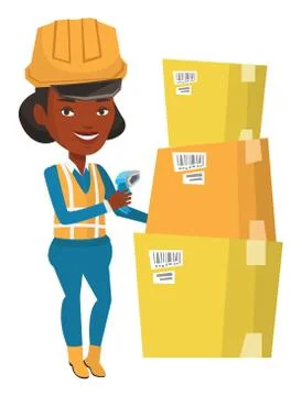 Warehouse worker scanning barcode on box Stock Illustration