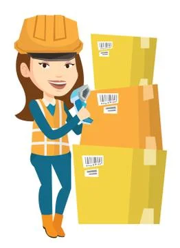 Warehouse worker scanning barcode on box Stockillustratie