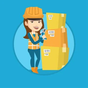 Warehouse worker scanning barcode on box Stock Illustration