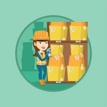 Warehouse worker scanning barcode on box Stock Illustration