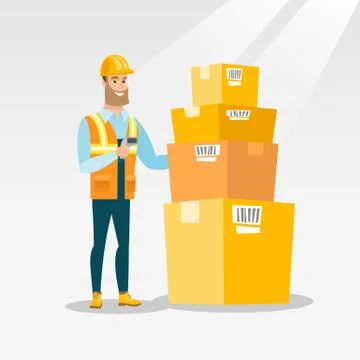 Warehouse worker scanning barcode on box Stock Illustration