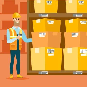 Warehouse worker scanning barcode on box Stock Illustration