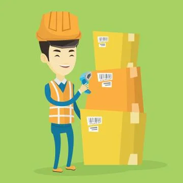 Warehouse worker scanning barcode on box 스톡 일러스트