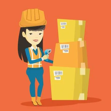 Warehouse worker scanning barcode on box Stock Illustration