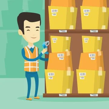 Warehouse worker scanning barcode on box Stock Illustration