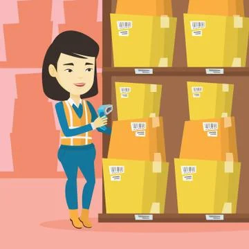 Warehouse worker scanning barcode on box Stock Illustration