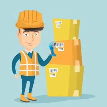 Warehouse worker scanning barcode on box 库存插图