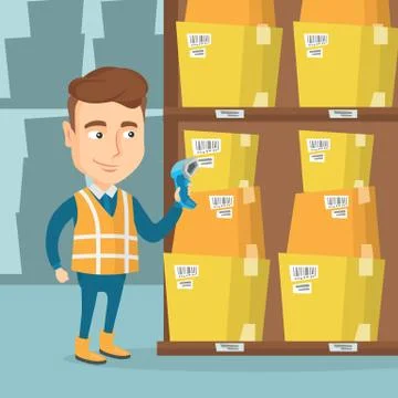 Warehouse worker scanning barcode on box Stockillustratie