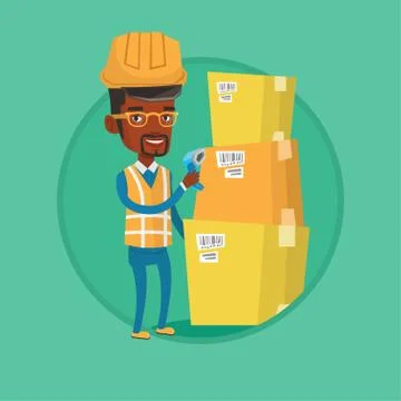 Warehouse worker scanning barcode on box 库存插图