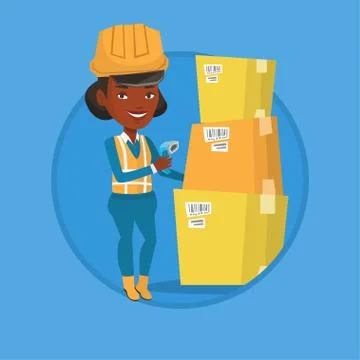 Warehouse worker scanning barcode on box Illustrazione stock