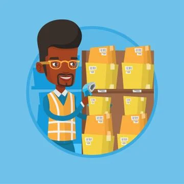 Warehouse worker scanning barcode on box Stock Illustration
