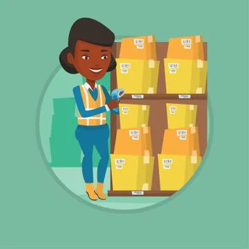 Warehouse worker scanning barcode on box Stock Illustration