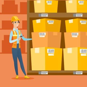 Warehouse worker scanning barcode on box 库存插图