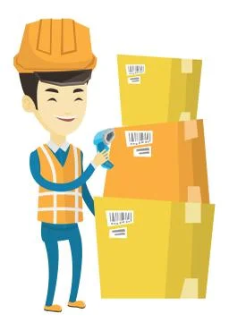 Warehouse worker scanning barcode on box Stock Illustration