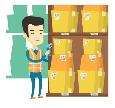 Warehouse worker scanning barcode on box 스톡 일러스트