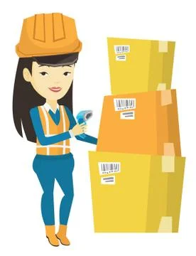 Warehouse worker scanning barcode on box Stock Illustration