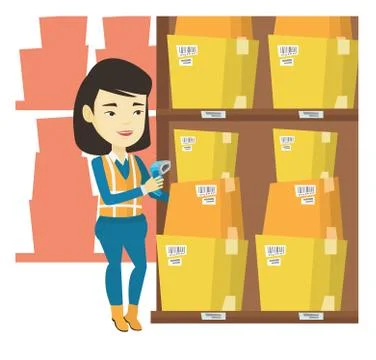 Warehouse worker scanning barcode on box Stockillustratie