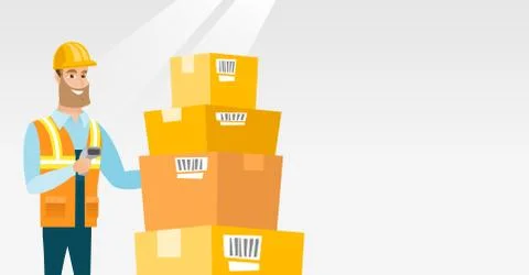 Warehouse worker scanning barcode on box 스톡 일러스트