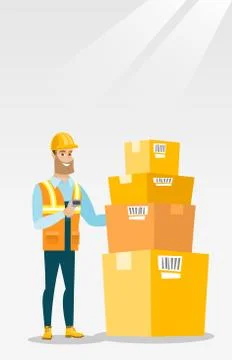 Warehouse worker scanning barcode on box Stock-Illustration