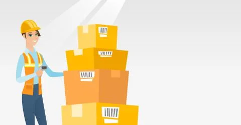 Warehouse worker scanning barcode on box Stock Illustration