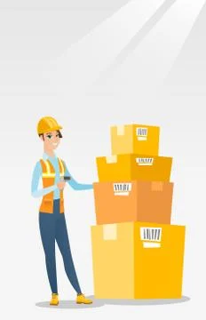 Warehouse worker scanning barcode on box Stock Illustration